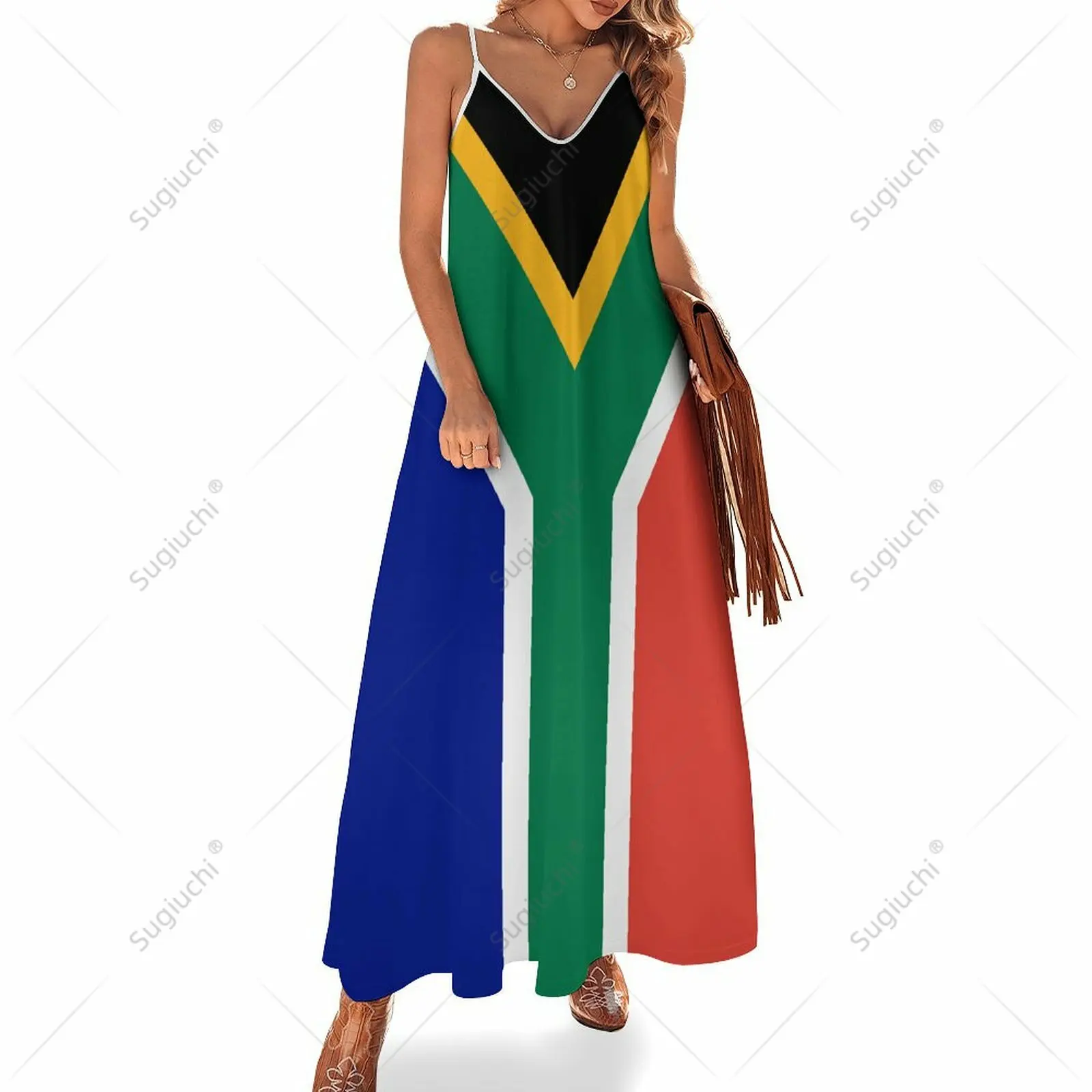 

Long Dresses Dress South Africa Flag Print New Casual Sleeveless Women's V-Neck Printed Dress Swing Retro Dresses