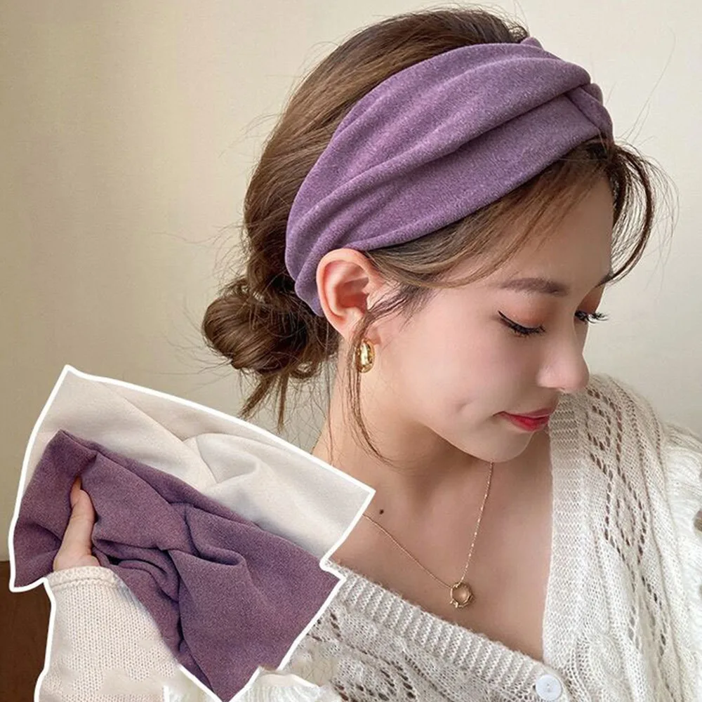 Women Headband Solid Color Wide Turban Cross Knot Knit Hairband Girls Wash Face Hair Accessories Autumn Cotton Twisted Headwrap