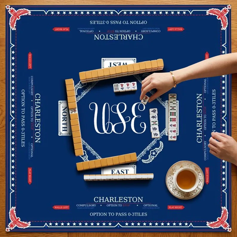 VIKAMA Navy Four Direction Marked Mahjong Mat Non Slip Noise Dampening Square Pad Washable For American Mahjong Charleston Play