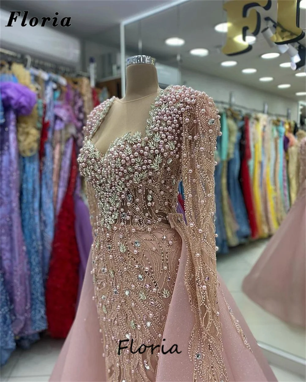 Luxury Pink Pearls Evening Dresses Two Pieces Long Sleeves Party Dress For Weddings Arabic Dubai Engagement Dress Robes Soiree