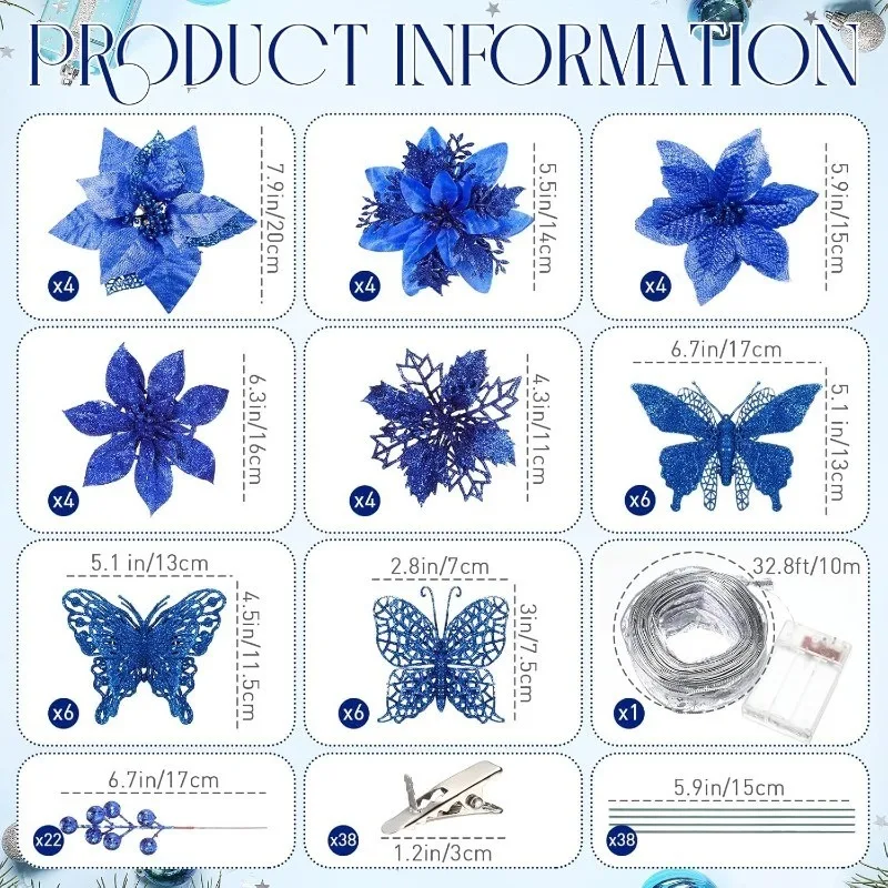 10 pezzi di fiori artificiali blu decorazione natalizia fiori finti per la decorazione domestica ornamento per albero di Natale ghirlanda fai da te accessori per regali