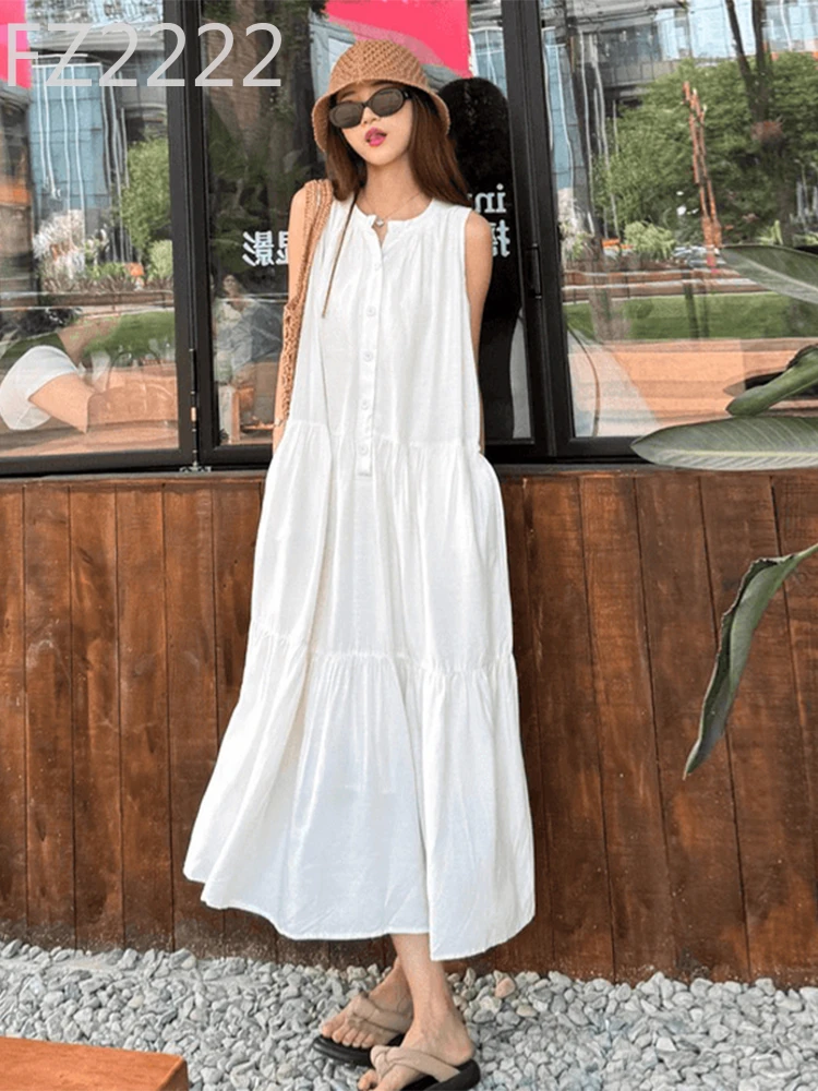 White sleeveless vest dress children's summer seaside vacation temperament long dress