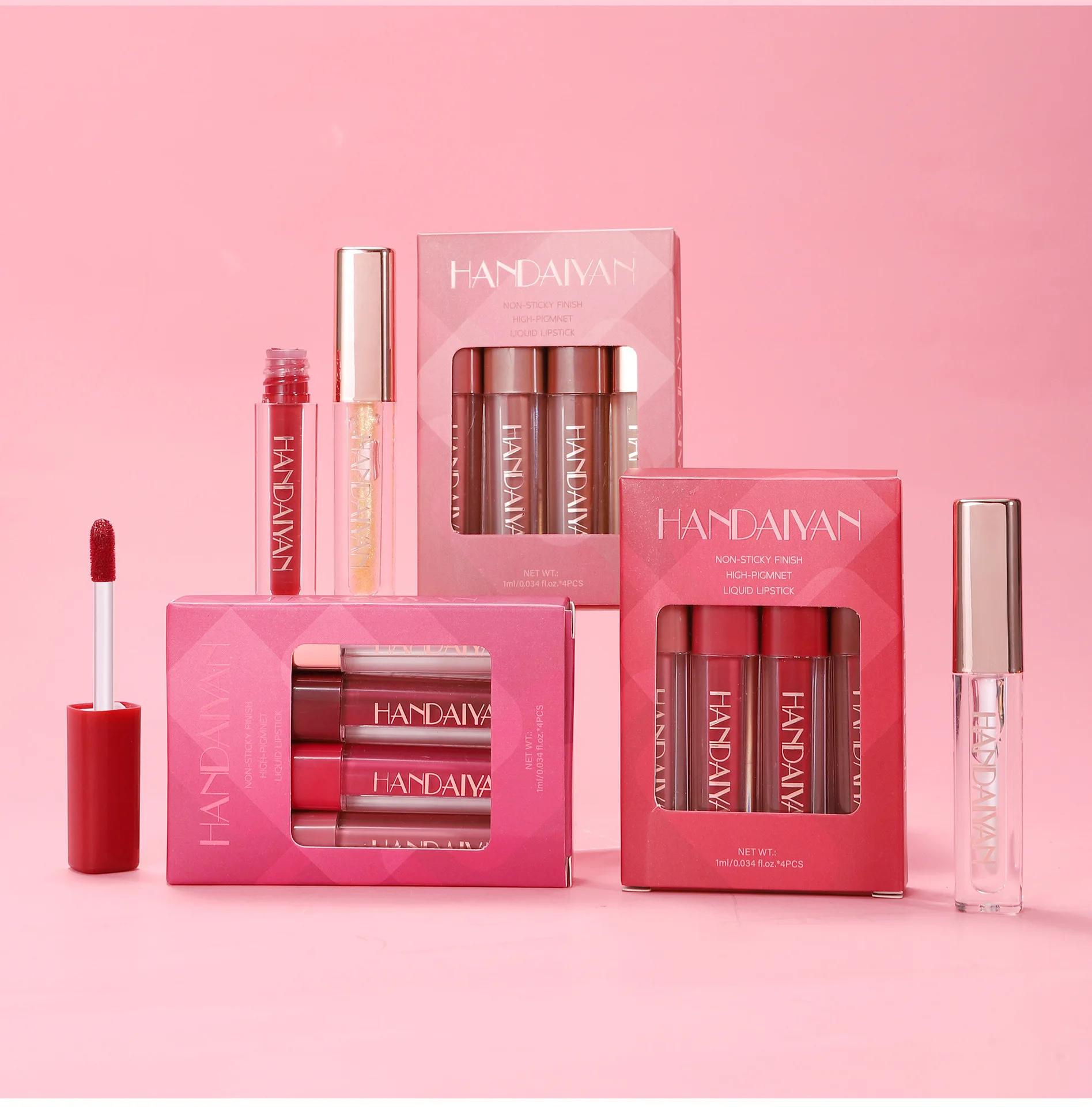 Ensemble de 4 brosses à lèvres, rouge à lèvres scintillant imperméable sans transfert, brillant à lèvres liquide longue durée et facile à appliquer pour le maquillage quotidien