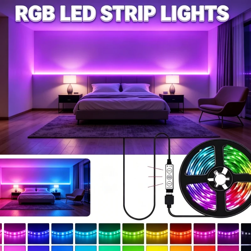 3-Key Remote RGB Ribbon Light Strip, 12 LEDs/m, Bendable & Stick-on — For Bedroom Decoration, TV Background Light