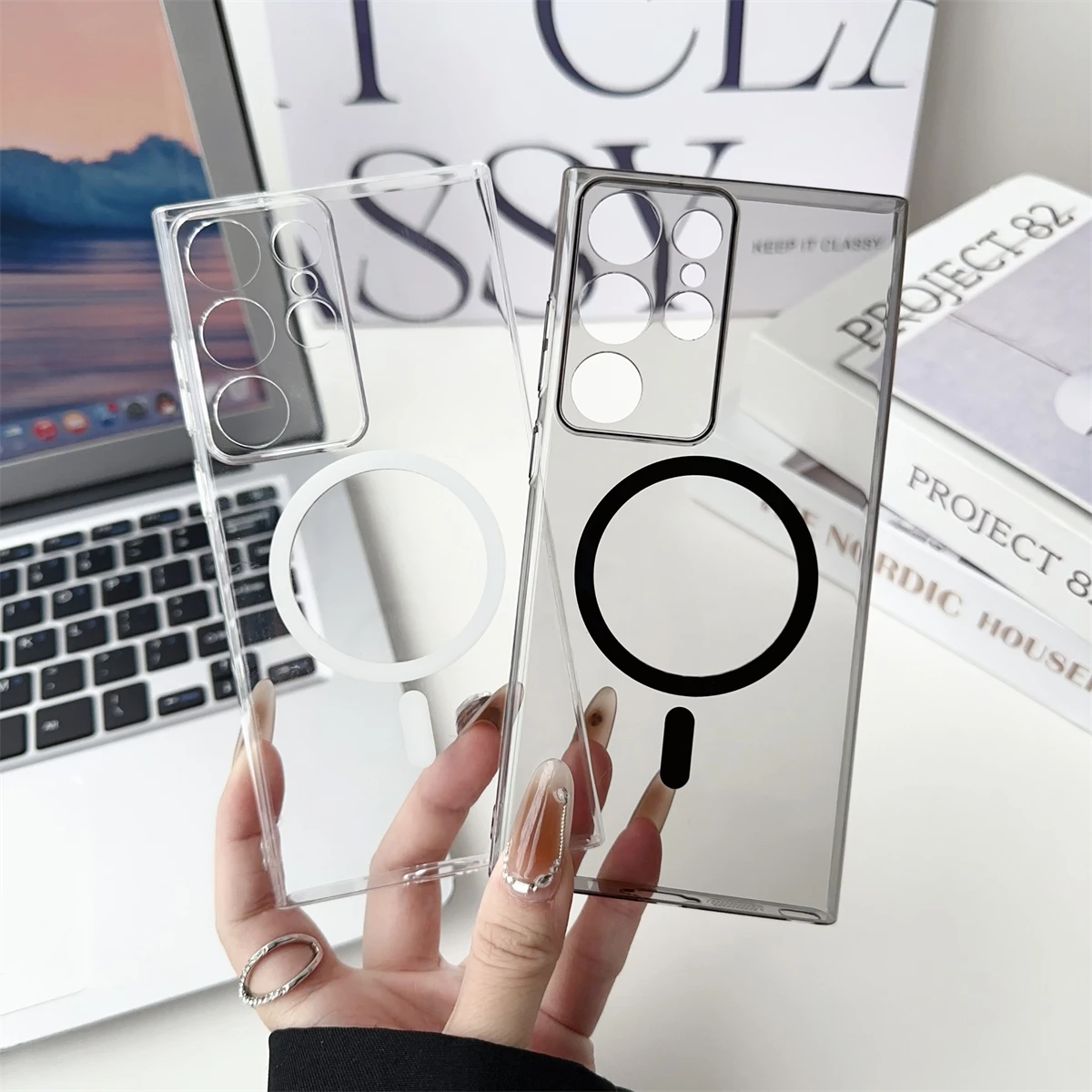 

Luxury Transparent Phone Case for Samsung Galaxy S20 S22 S23 Plus Ultra Clear Gray PC Hard Back Cover Coques for Magnetic