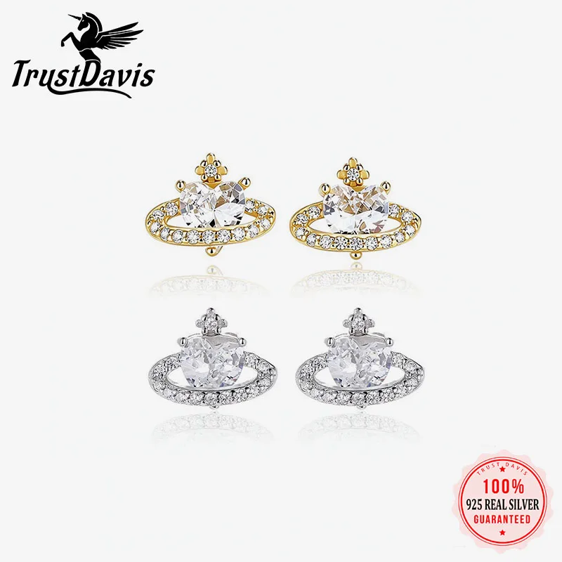 TrustDavis Genuine 925 Sterling Silver Heart-Shaped Cubic Zirconia Earrings Simple Planet Earrings for Women Daily Wear DS5009