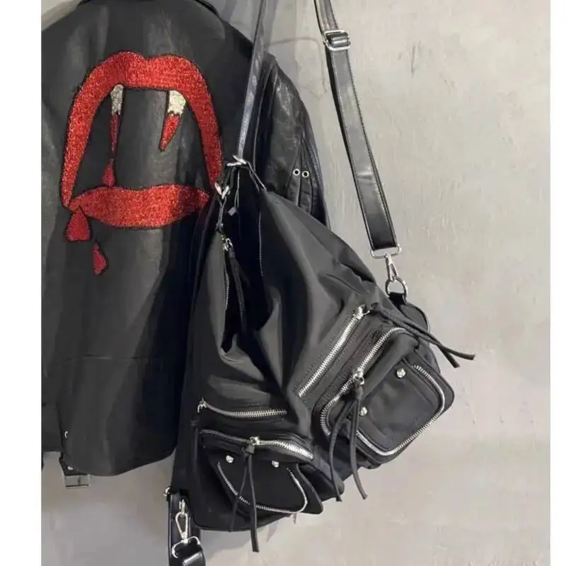 Bloom Vintage Black Y2k Backpack Women High Street Pocket Chic Casual Mochila Ladies Moto Biker Large Capacity Shoulder Bags