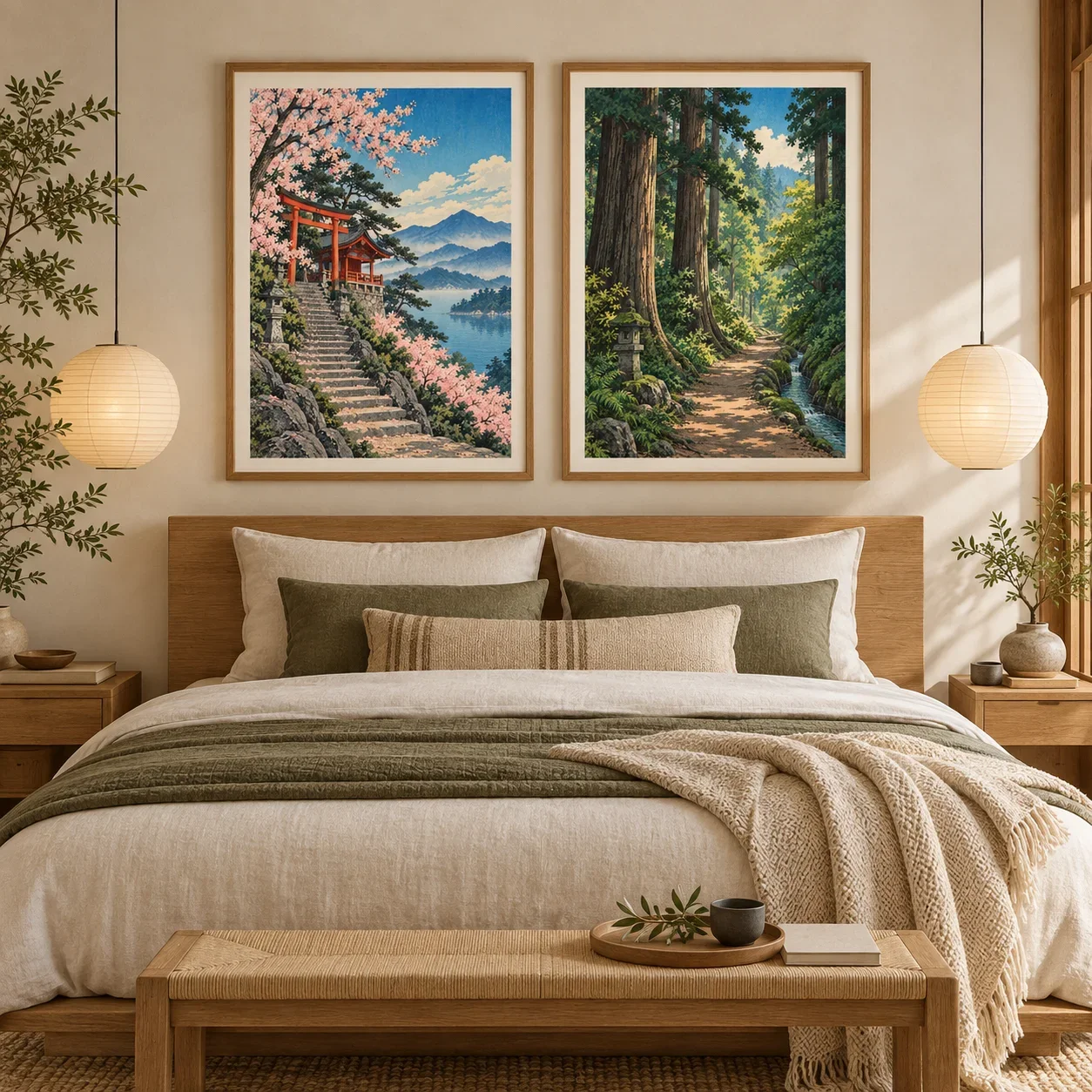 Frameless canvas paintings,Hasui Kawase Style Tree-Lined Road Canvas Print Asian Landscape Wall Art Sunrise Sunset Poster for Li