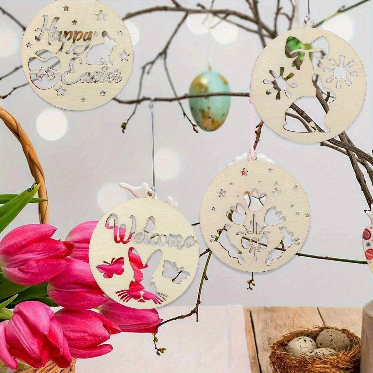 8 قطعة زخرفة عيد الفصح الخشبية الجوف الأرنب زهرة معلقة المعلقات لعيد الفصح سعيد الربيع ديكور حفلات الاطفال دهان داي الحرف