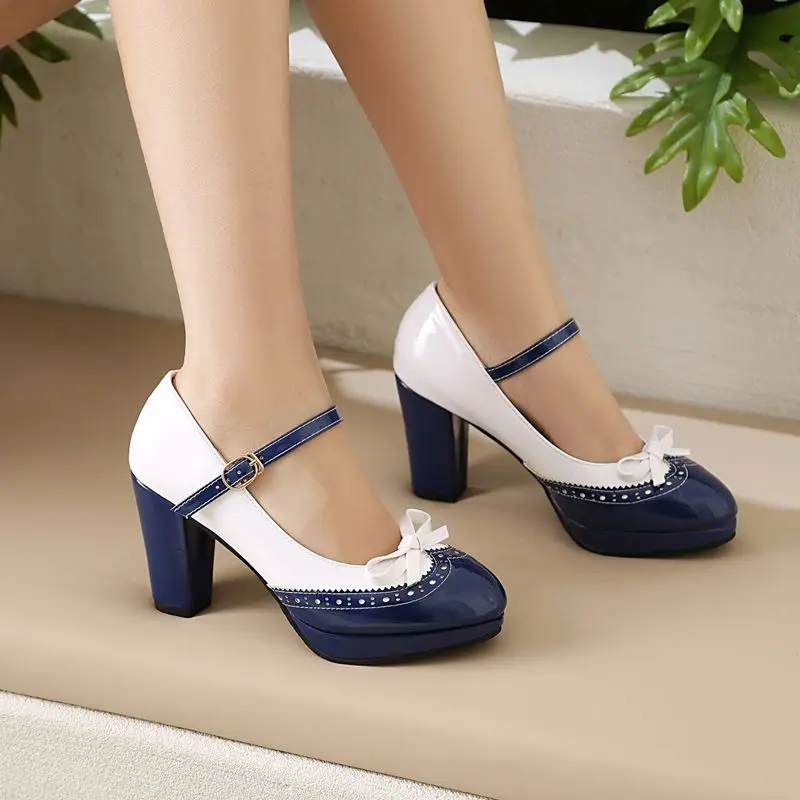 

Girseaby 2025 Sweet Mary Janes Женские туфли-лодочки с круглым носком, толстый каблук, 8,5 см, платформа, ремешок 1,5 см, разноцветный бант, размер 46 47 48, синий