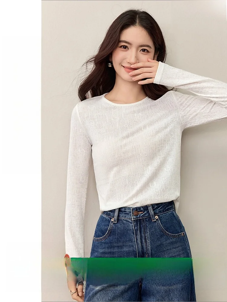 

Ele Long Sve round Ne Lace irt Women's Autumn New Sle Commute Irregular Letter Texture Micro Elastic Top