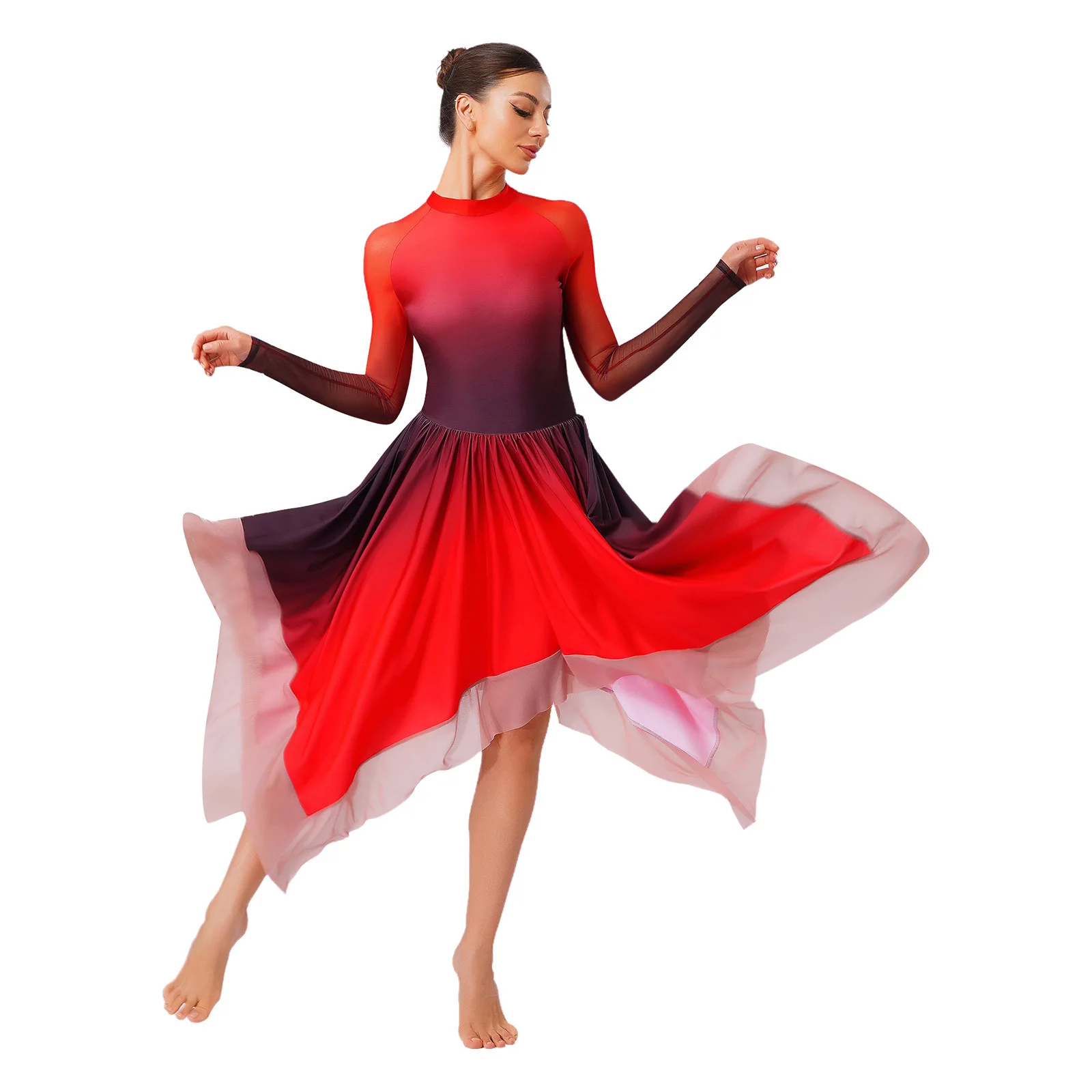 Women Modern Lyrical Dance Dress Figure Skating Ballet Rhythmic Gymnastics Performance Costume Mesh Long Sleeve Gradient Leotard