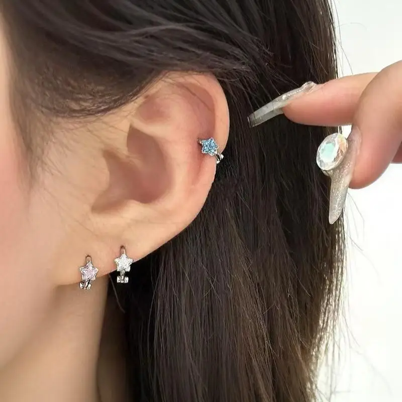 Star Shaped Cubic Zirconia Earrings Three Color Three Pair Set Sparkling Unique Versatile Ear Stud Jewelry For Girls Daily Wear