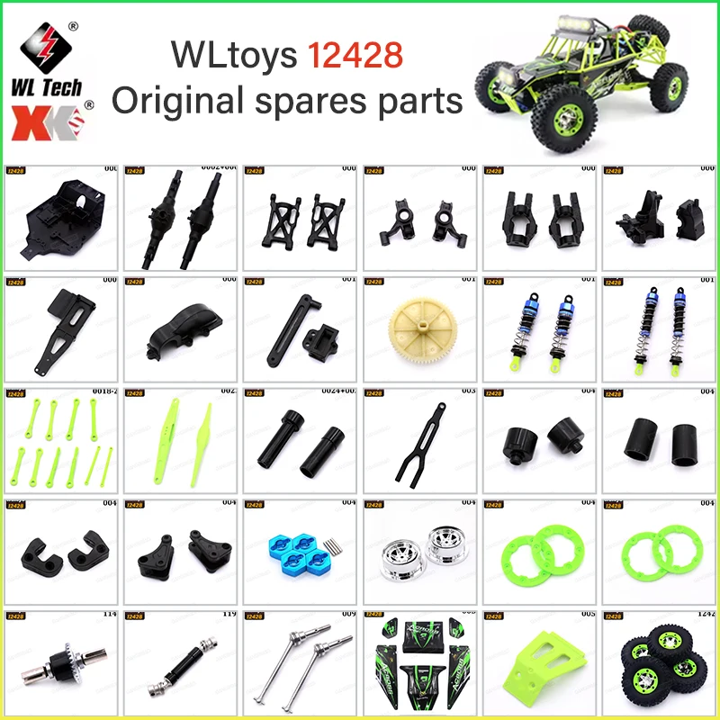 Peças Originais WLtoys 12428: Braço Oscilante, Copo de Direção, Haste de Tração, Eixo de Transmissão, Engrenagem, Diferencial, Servo, Amortecedor de Motor, Pneu