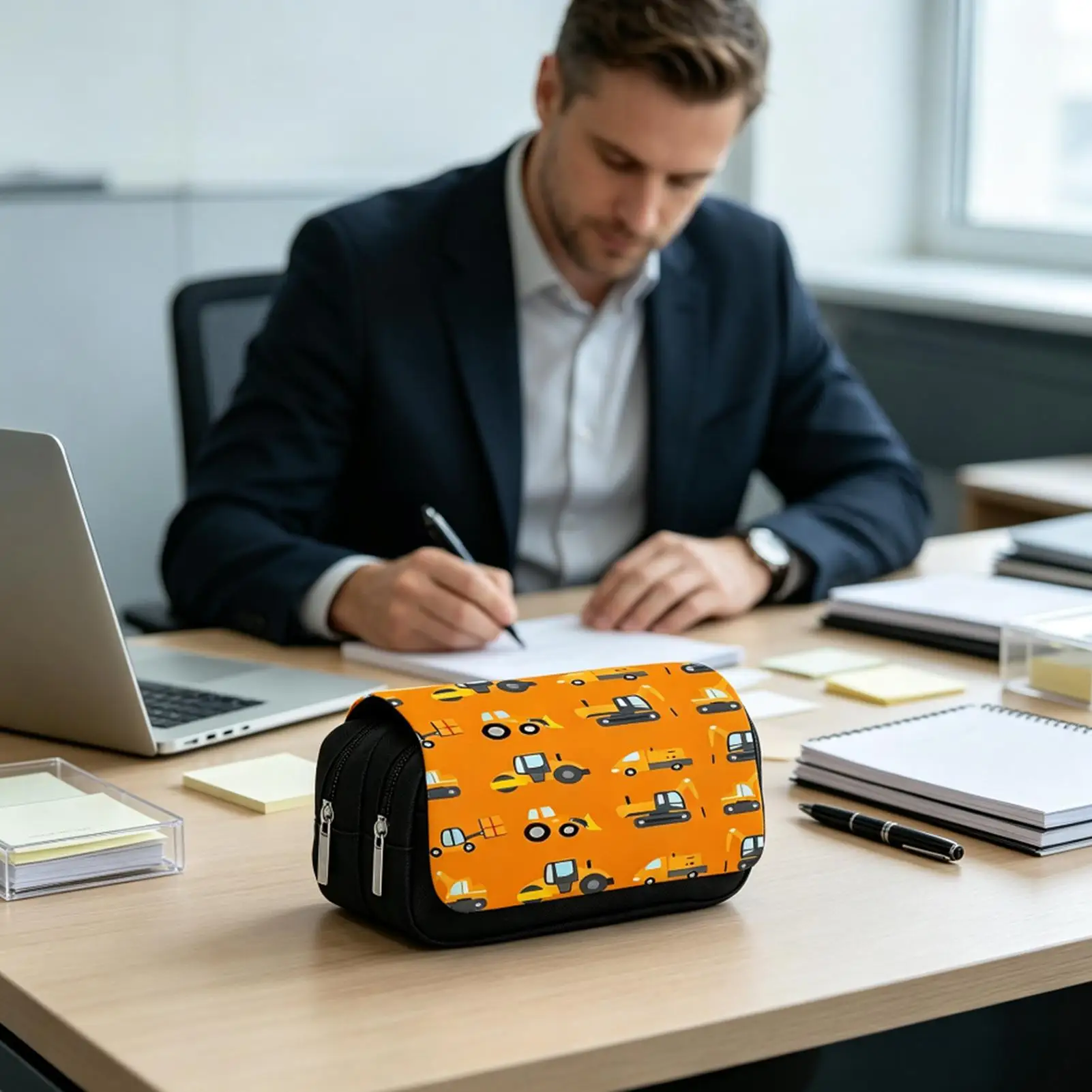 Fabric Pencil Pouch Excavator Print Waterproof Double Layer Zipper Pen Bag Pen Case Stationary Organizer For Boys Girls Home