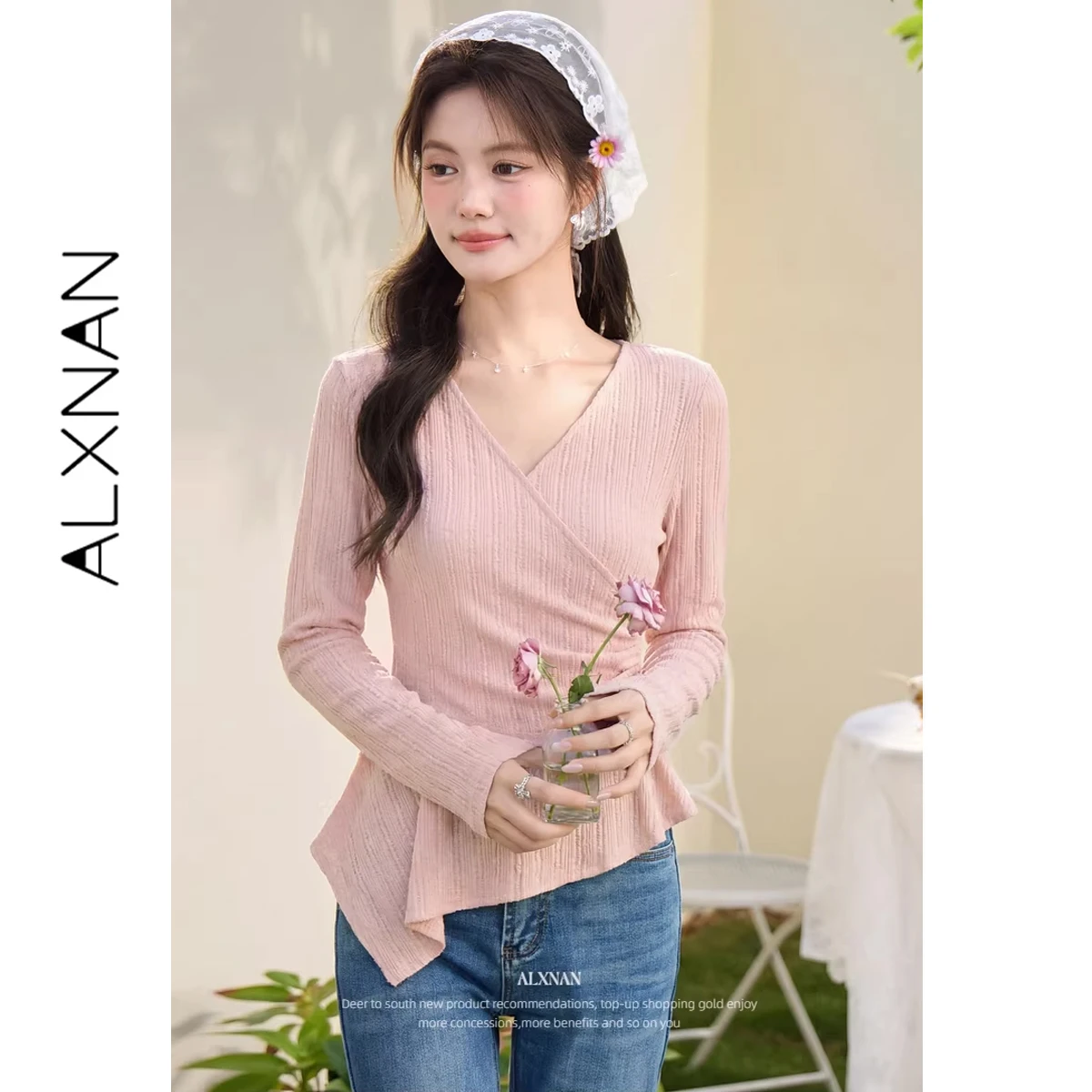 

ALXNAN Pink T-shirt Apricot V-neck Cross Slim Fit Irregular T-shirt Elegant Women New French Style Long Sleeve Tops L618100A-2