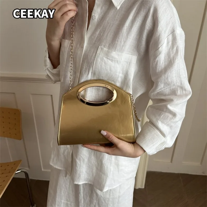 

CEEKAY Patent PU Mini Handbag Large Round Metal Handle Thin Chain Strap Women Wedding Party Small Crossbody Purse Hand Bag