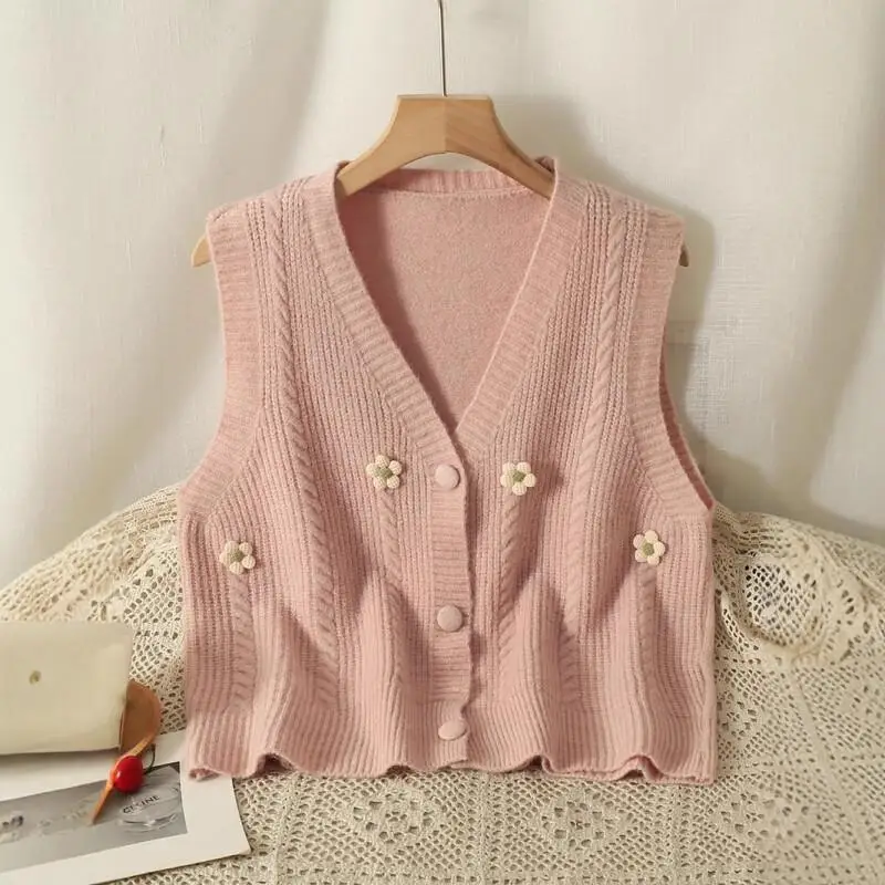 Colete de malha de flor coreana para moda feminina outono e inverno, suéter curto em camadas, colete cardigã versátil doce e fresco