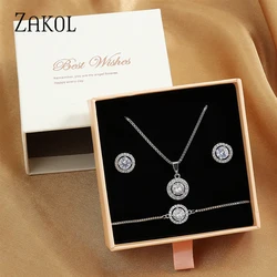 ZAKOL 3 Pcs Jewelry Set Gift For Women Shiny AAA Cubic Zirconia Earrings Bracelet Necklace Set Accessories With Gifts Box