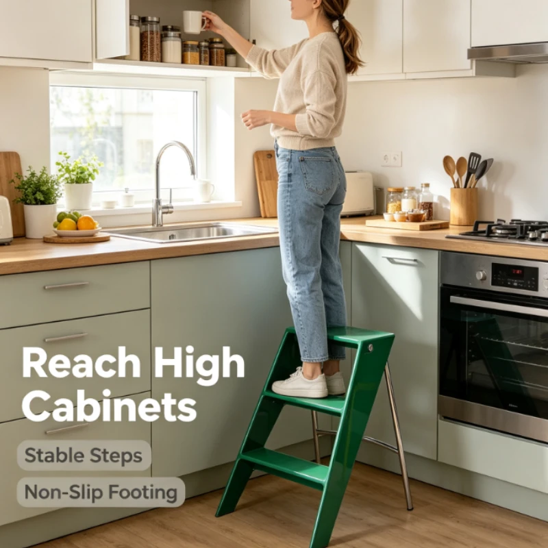 Glossy Green Metal Step Ladder With Chrome Support Legs For Modern Home And Office Elevated Task Performance
