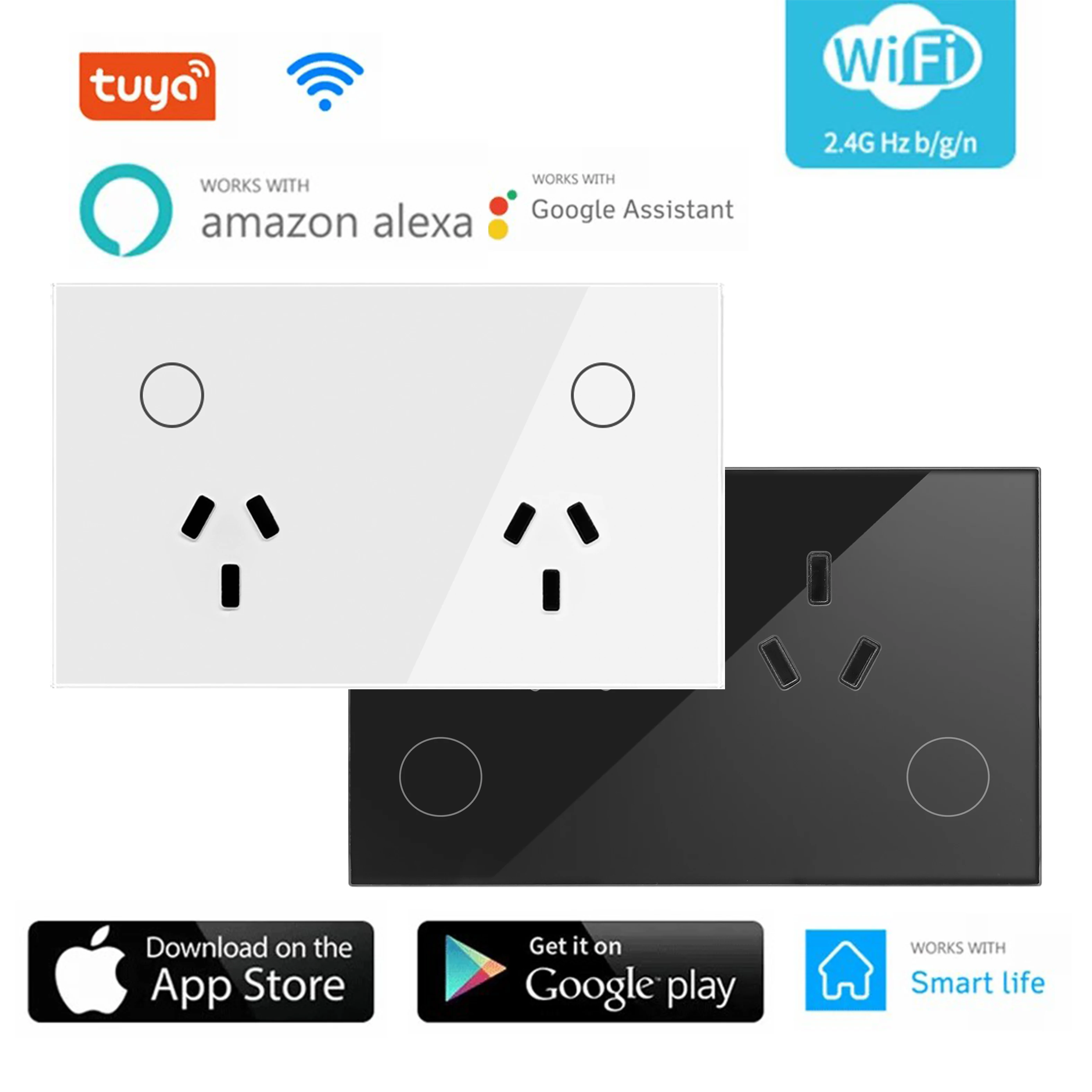 tuya 15A AU Argentina Panel Wall Socket WIFI White Crystal Glass Touch Timmer Power Outlet Smart Home Voice Google Home Alexa