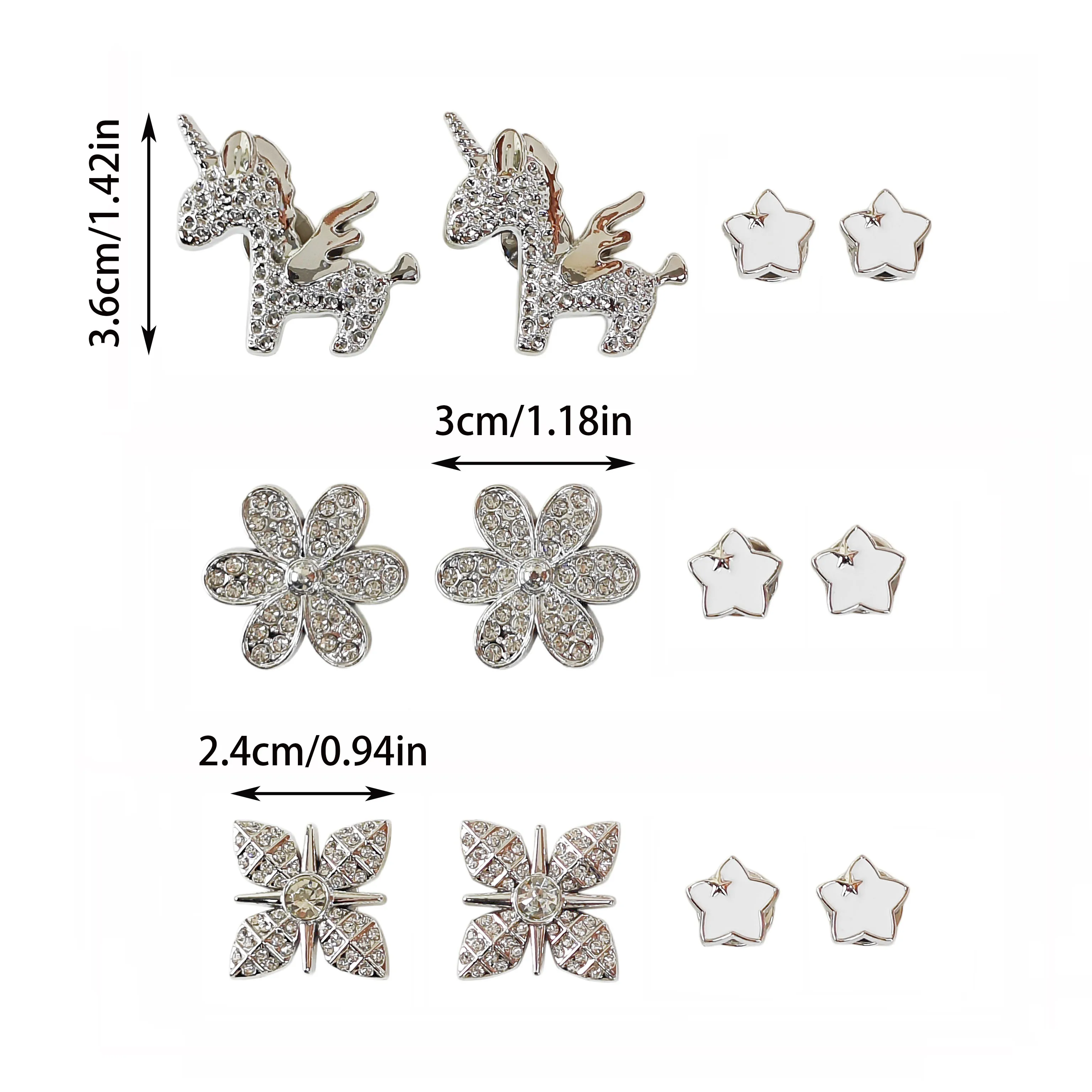 12Pcs DIY Shoe Decoration Charms Shiny Silver Unicorn, Flower, Star Decorative Buckles Non-Metal Lightweight Material Y2K Fashion Versatile Cute Personalized for Men and Women Suitable for Eva Beach Shoes, Sandals, Removable Shoe Decoration, Holiday Gift