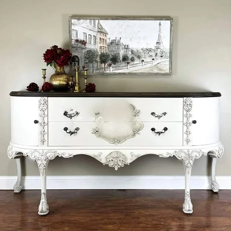 

A57 Vintage French retro solid wood carving flower porch locker decorative cabinet white