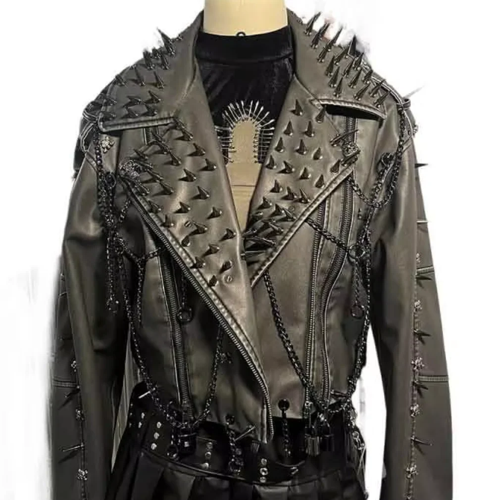 

Women's Y2K Goth Black PU Leather Jacket with Spikes Gothic Boho Emo Spiked Clothing Punk Rock Grunge Festival Coat for Teens