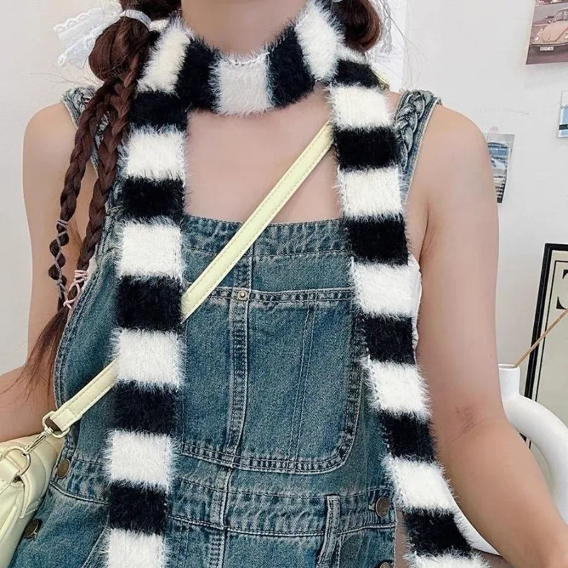 Vintage Soft Fuzzy Striped Narrow Scarf for Women: Warm, Plush, Long Neck Warmer Y2K Cute Fashion Colour-Block Knitted Scarves