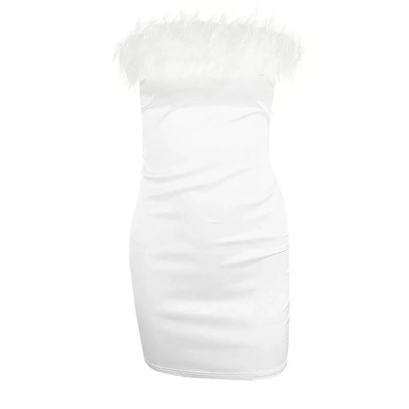 WhereMery Sexy Feather Stitching Tube Dress Autumn Evening Party Club Strapless Mini Dresses Sexy Backless Bodycon Vestidos 2024