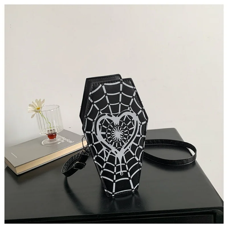 

Кошелек на Хэллоуин с узором паутины, новинка, сумка на ремне, готическая сумка в форме гроба, сумки через плечо из искусственной кожи, женская сумка на плечо, сумка для телефона