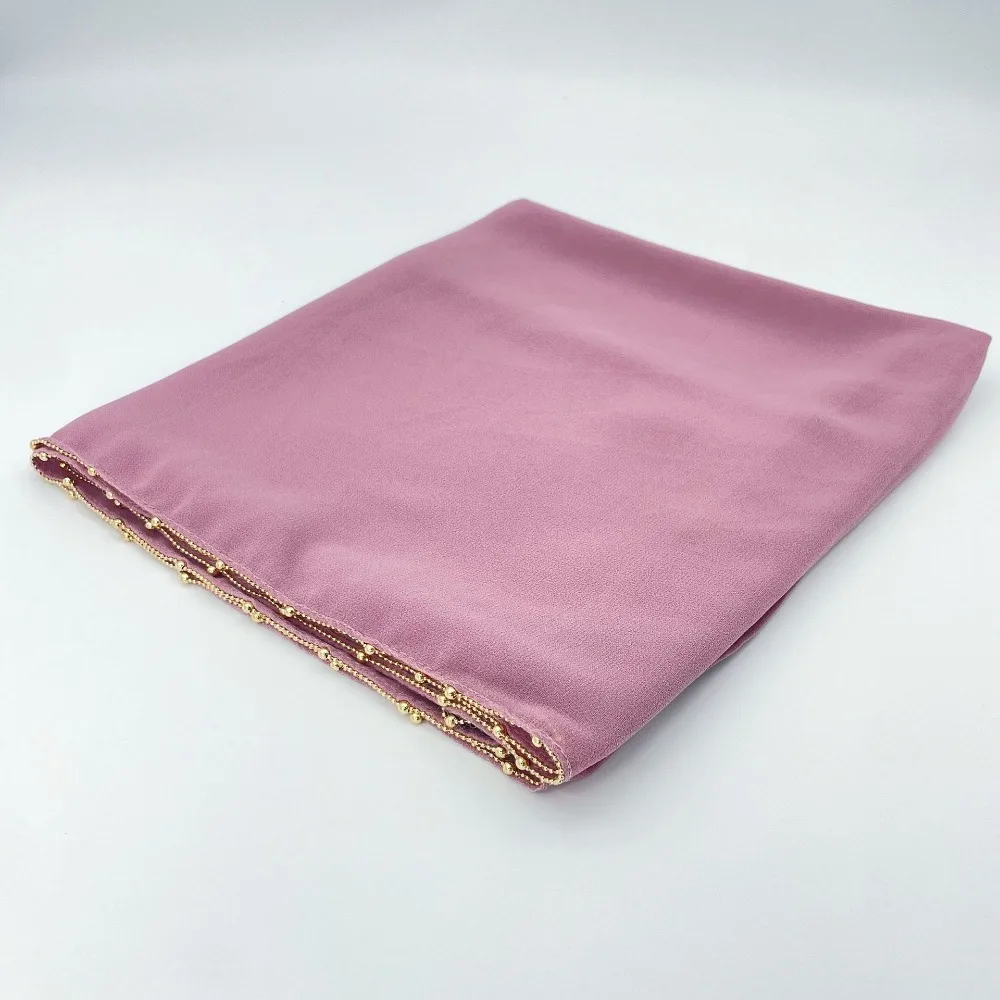 

Elegant Solid Color Ethnic Style Scarf Long Beads Chain Hijab Scarf Thin Bandana Headscarf Female