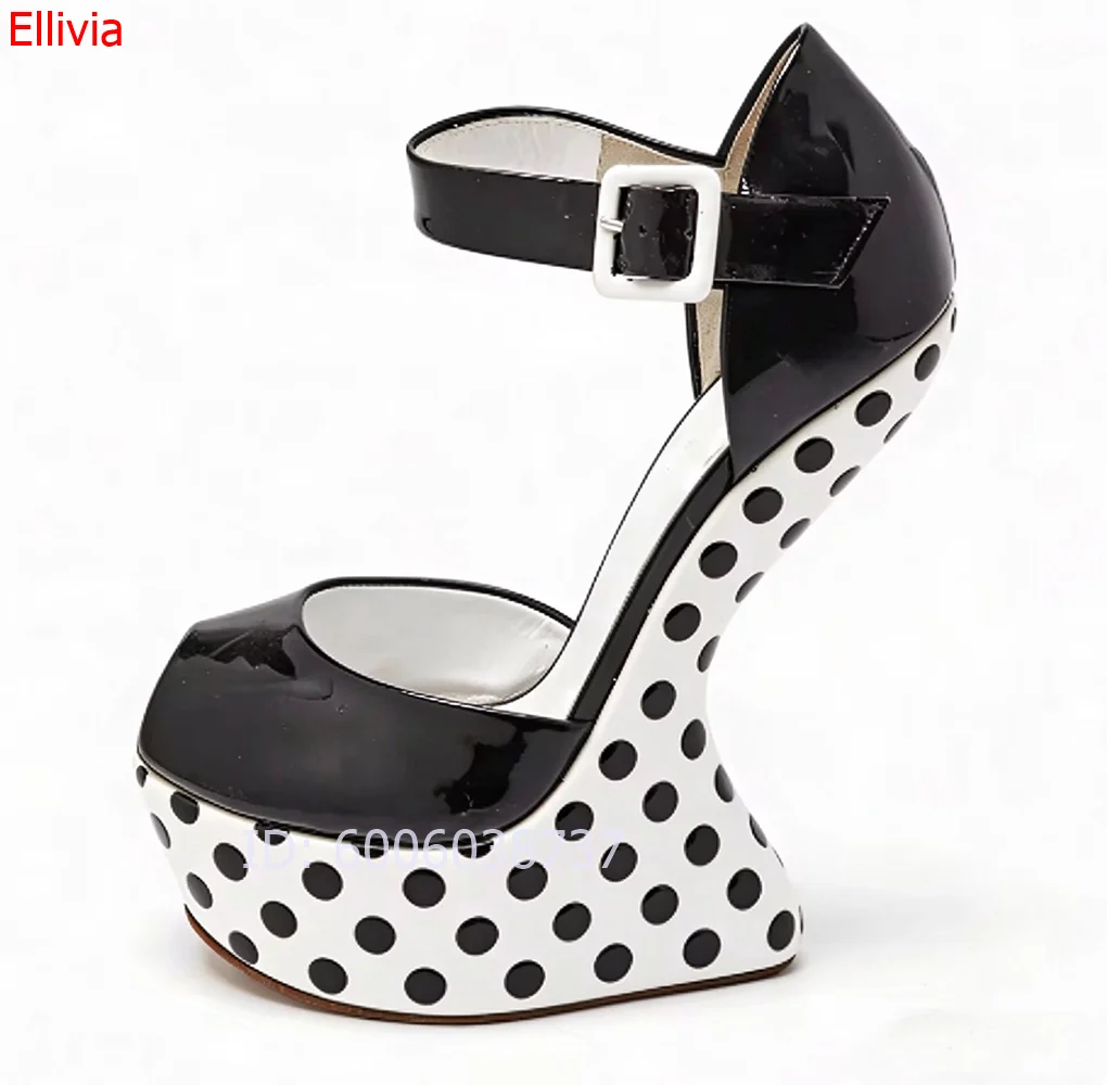 Women Polka Dot Wedge Sandals Peep Toe Ankle Strap Buckle Platform High Heels  Patent Leather Fashion Ladies Party Dress Shoes - view 5