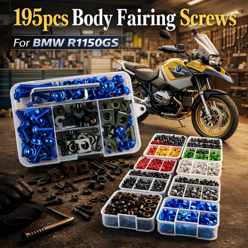 195-teiliges Motorrad-Verkleidungsschrauben-Set mit Muttern für BMW R1150GS R1150RS R1150RT R1150 GS RS RT, Aluminium CNC-Befestigungsclips