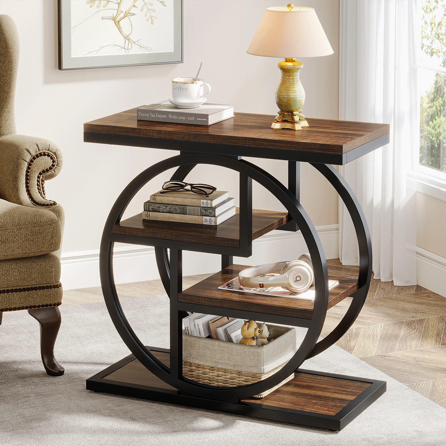 

LITTLE TREE End Table for Living Room, 4-Tier Narrow Side Table with Storage Shelves, Industrial Bedside Table for Bedroom