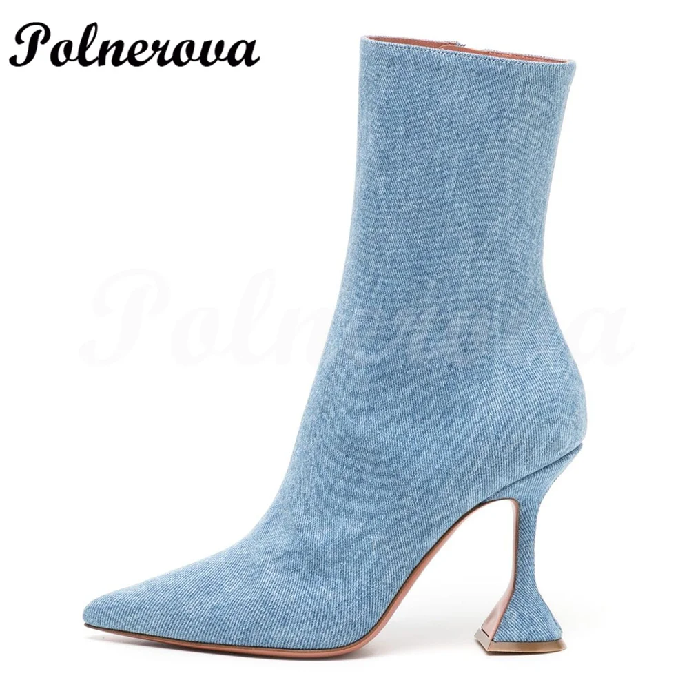 Blue Denim Wine Glass Pointed Toe Boots Women's Fashion Simple Side Zipper Black Gray Women's Boots for Autumn and Winter