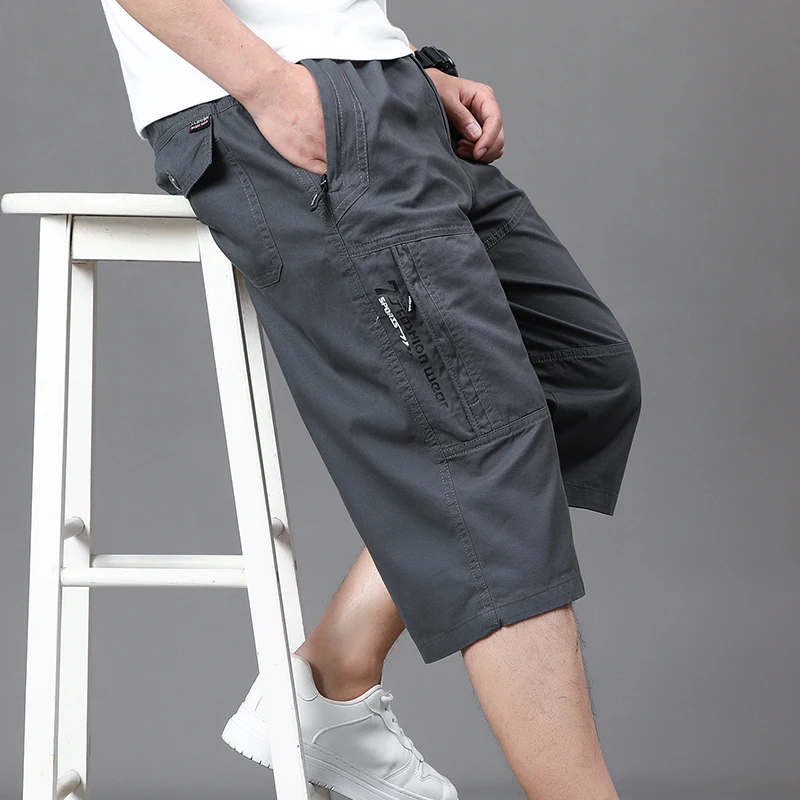 Men\'s Cropped Pants Cargo Shorts Big Size Below Knee Shorts Sports Short Pants Streetwear Hip Hop Straight Loose Pants