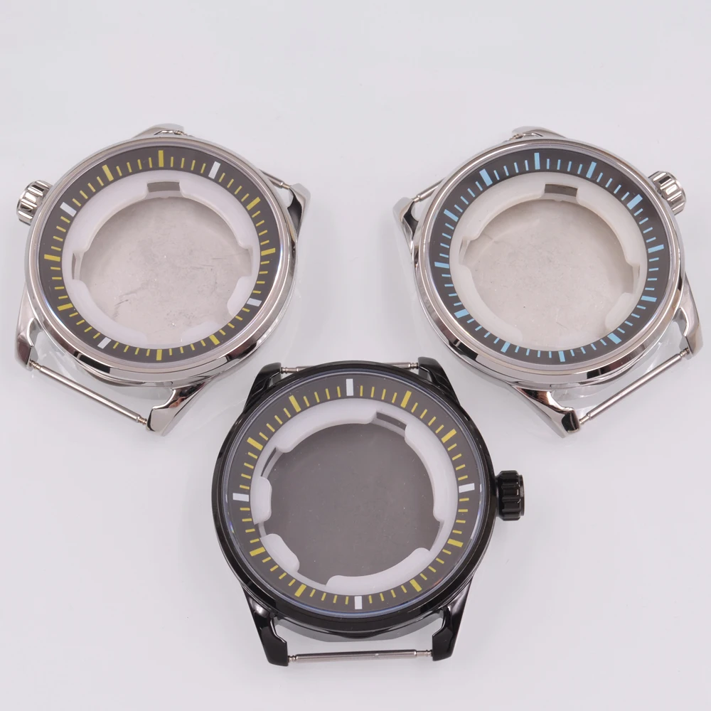 

44mm Sapphire Glass Black/Silver Stainless Steel Watch Case Fit ETA2836 Miyota 8215 Movement