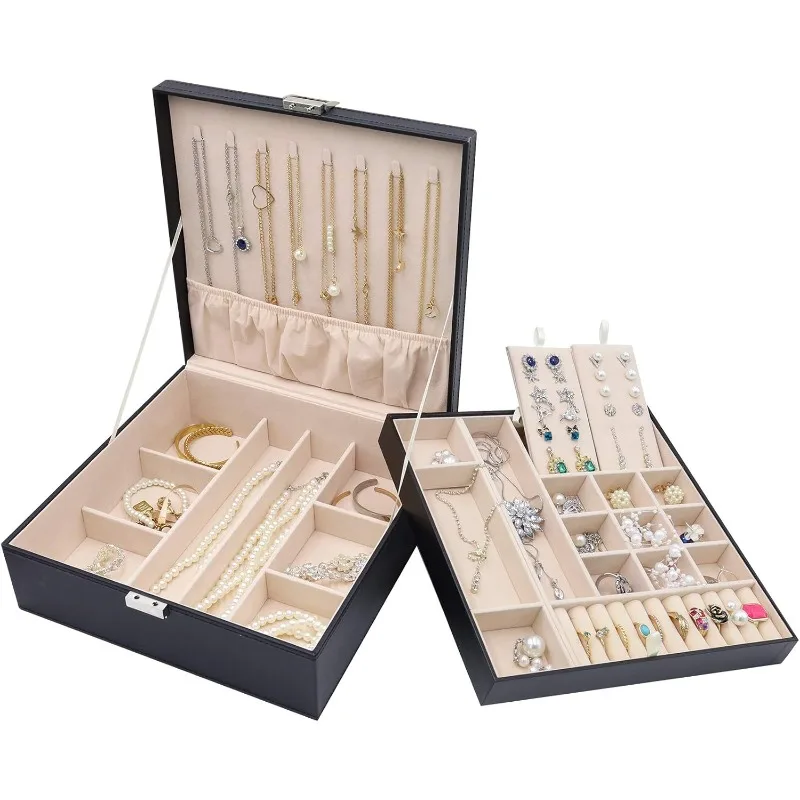 

Luxury PU Leather 2 Layer Jewelry Box for Women Large Capacity Portable Travel Case with Multi Compartment Storage Tray
