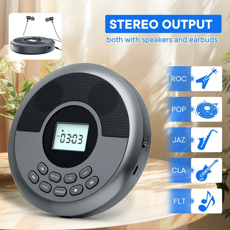 Portable Bluetooth CD Player Rechargeable Discman with Dual Speakers and Headphones Cd Player Mp3 Player Black-A22U