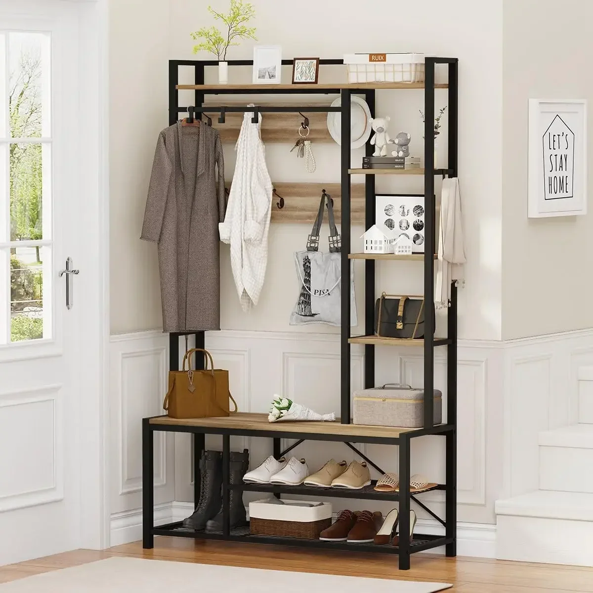 Mudroom Bench with Shoe Storage, Large Coat Rack Shoe Bench with 5 Tier Open Shelves, Adjustable Side Hooks