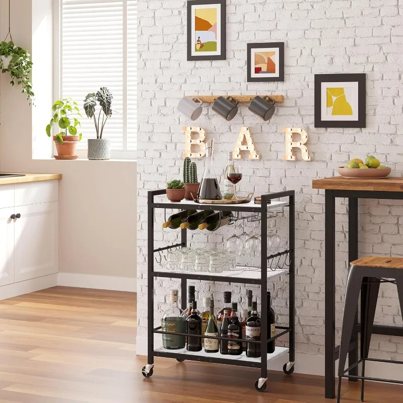 

Bar Cart - Serving Cart for Home - Microwave Cart, Drink Cart, Mobile Kitchen Shelf with Wine Rack and Glass Holder, Rol