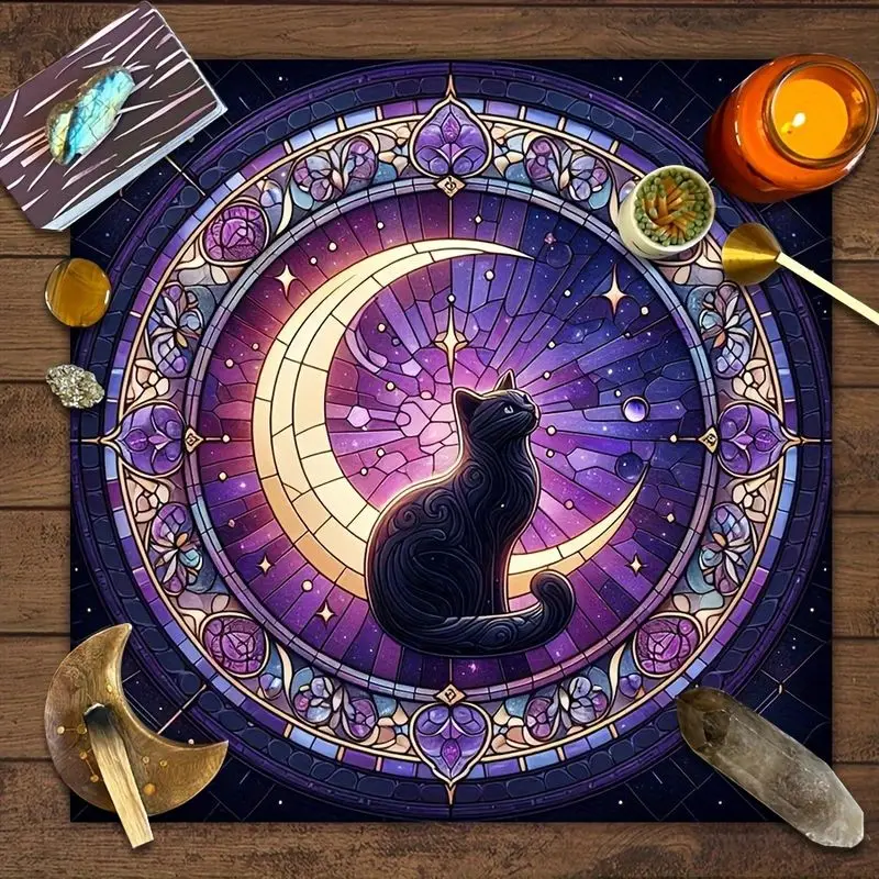 VIKAMA Color Window Black Cat Tarot Tablecloth Ceremony Altar Cloth Tarot Cards Divination Table Mat Spiritual Card deduction