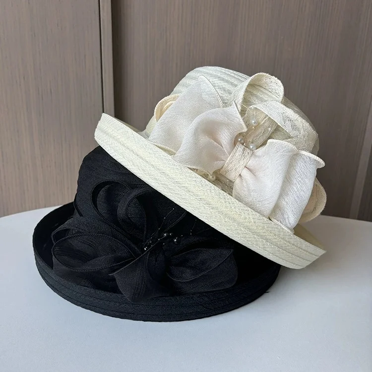 Women's Tulle Floral Rolled-Brim Hat: Summer Face-Covering Sun Hat, British Vintage-Style Sun Hat, Elegant Lace Boater Hat