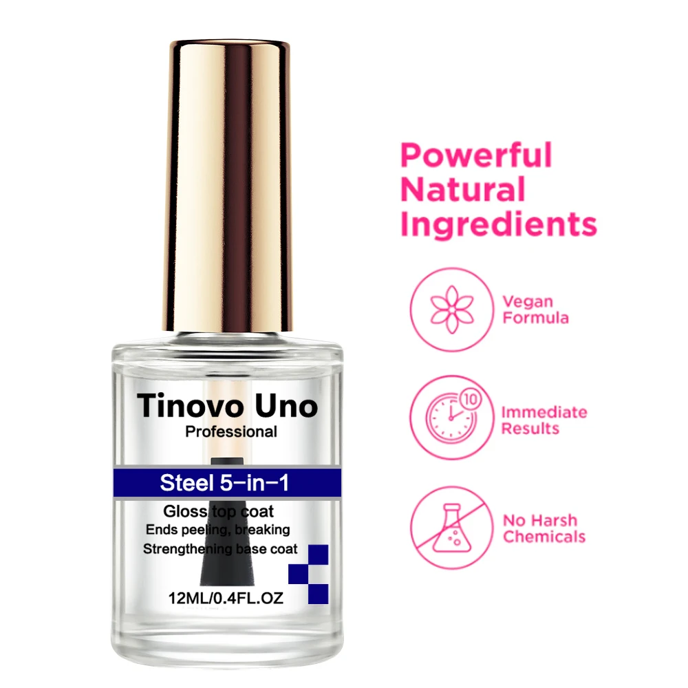 Tinovo Uno مسمار تصلب الصلب 5 في 1 لمعان معطف فوقي إنهاء الطبيعية الجافة 12 مللي علاج تقوية الأظافر أقوى الأظافر النهاية