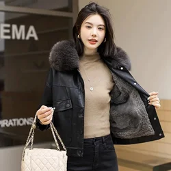 Winter Leather Jacket Women Short Coat Fleece Lining Thicken Warm PU Outerwear Rabbit Fur Jackets Ladies Velvet Tops Loose Coats