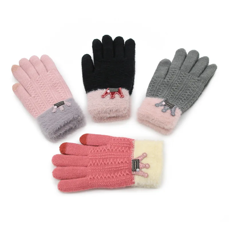 Guantes de punto suaves para jóvenes y estudiantes, Manoplas de Invierno para mujer, corona encantadora, todos los dedos, pantalla táctil, ciclismo, mantiene el calor, T193