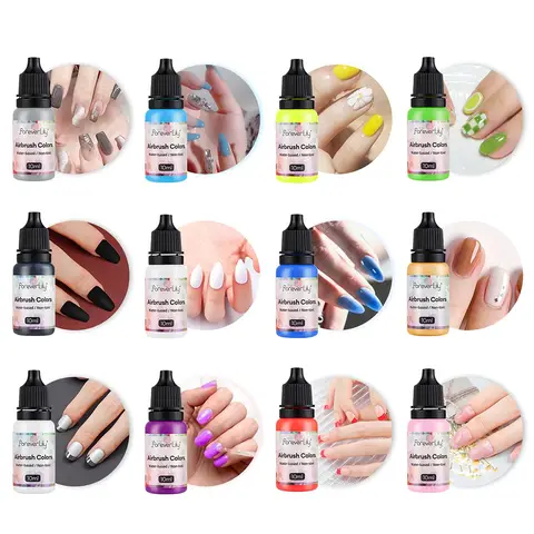 12 색상/세트 10ML 네일 잉크 매트 블랙 펄 화이트 매니큐어 페인트 에어 브러시 네일 컬러 페인팅 네일 아트 DIY 그라디언트 사용