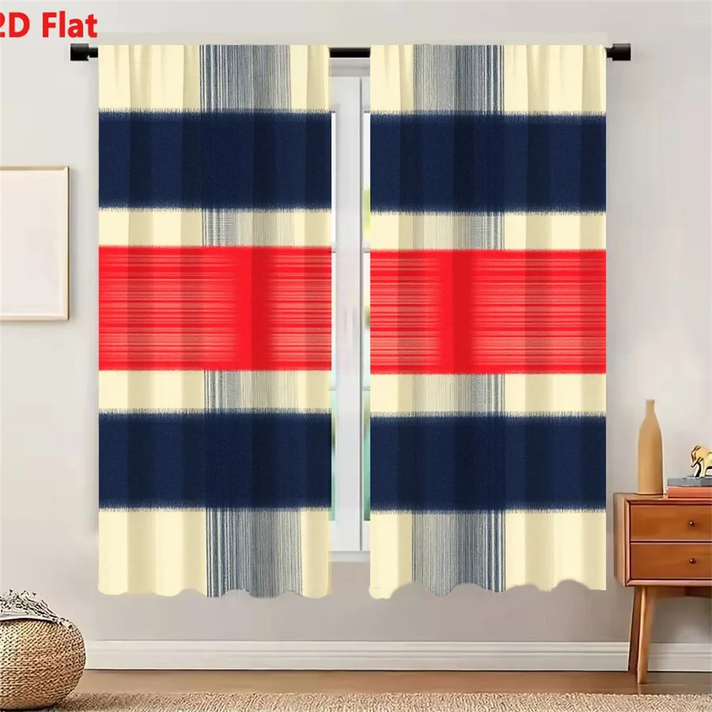 2Pcs Curtains 2D Flat Repeating Grid Pattern With Vertical Horizontal Lines Dark Blue Light Gray Silver And Centrally Placed Red