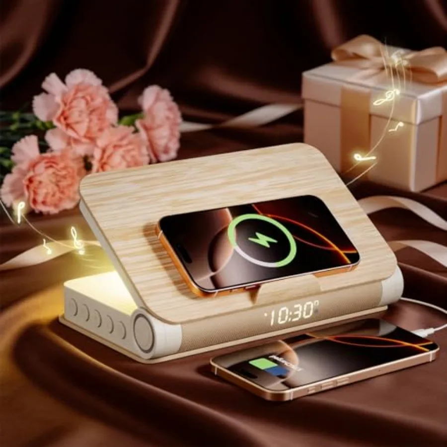 Alarm Clocks Wireless Charger Bluetooth Speaker Loud Sunrise Bedside Lamp for Heavy Sleepers Adults with Book Shape Wake Up Lig